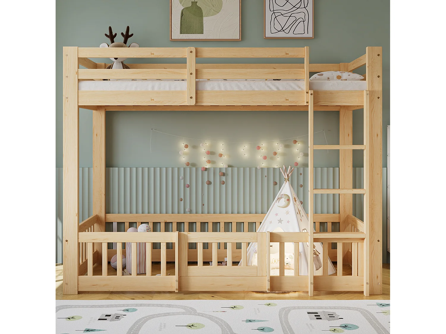 Etagenbett aus Massivholz – 90x200 cm – mit Sicherheitsgeländer – Natur