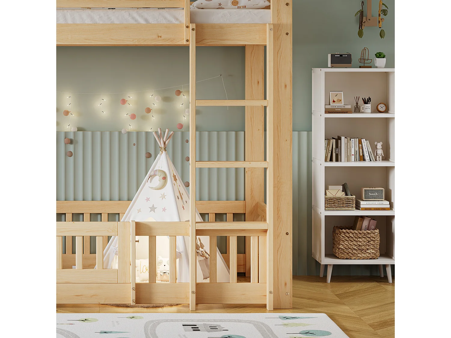 Etagenbett aus Massivholz – 90x200 cm – mit Sicherheitsgeländer – Natur