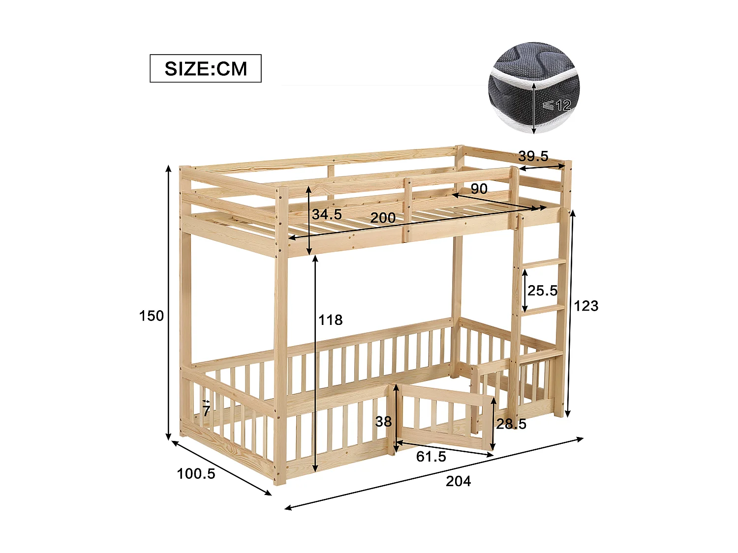 Etagenbett aus Massivholz – 90x200 cm – mit Sicherheitsgeländer – Natur