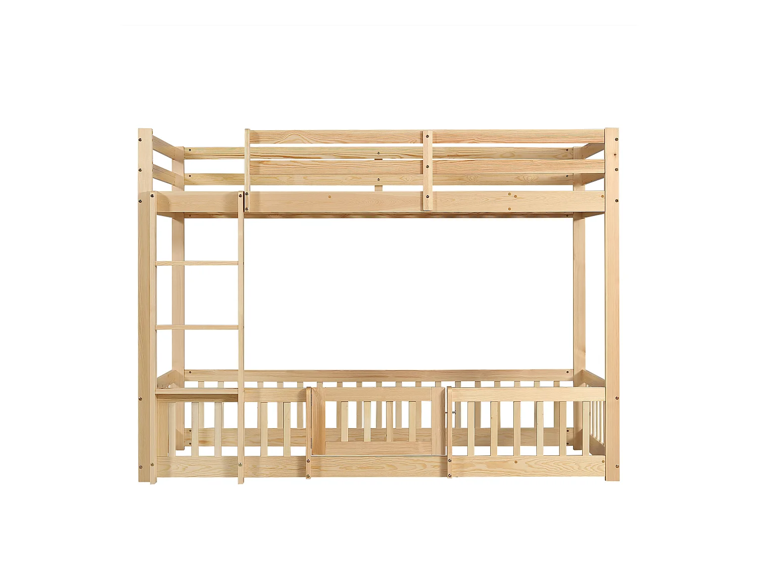 Lit superposé en bois massif - 90x200 cm - avec barrières de sécurité - Naturel