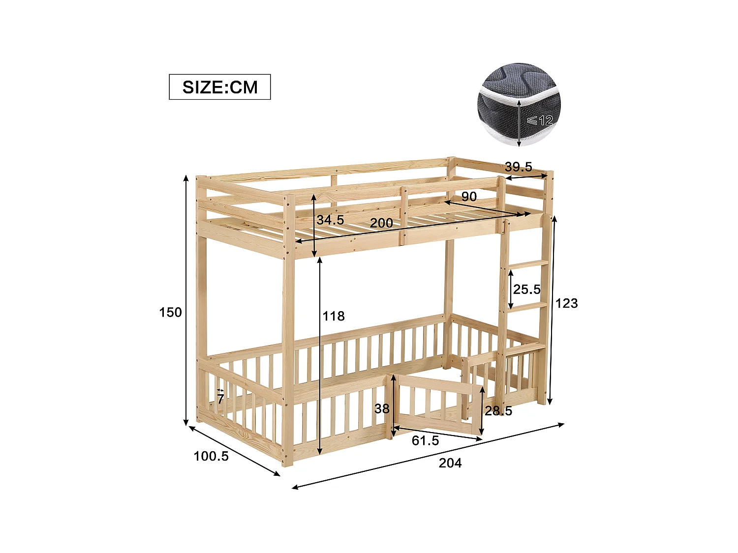 Lit superposé en bois massif - 90x200 cm - avec barrières de sécurité - Naturel