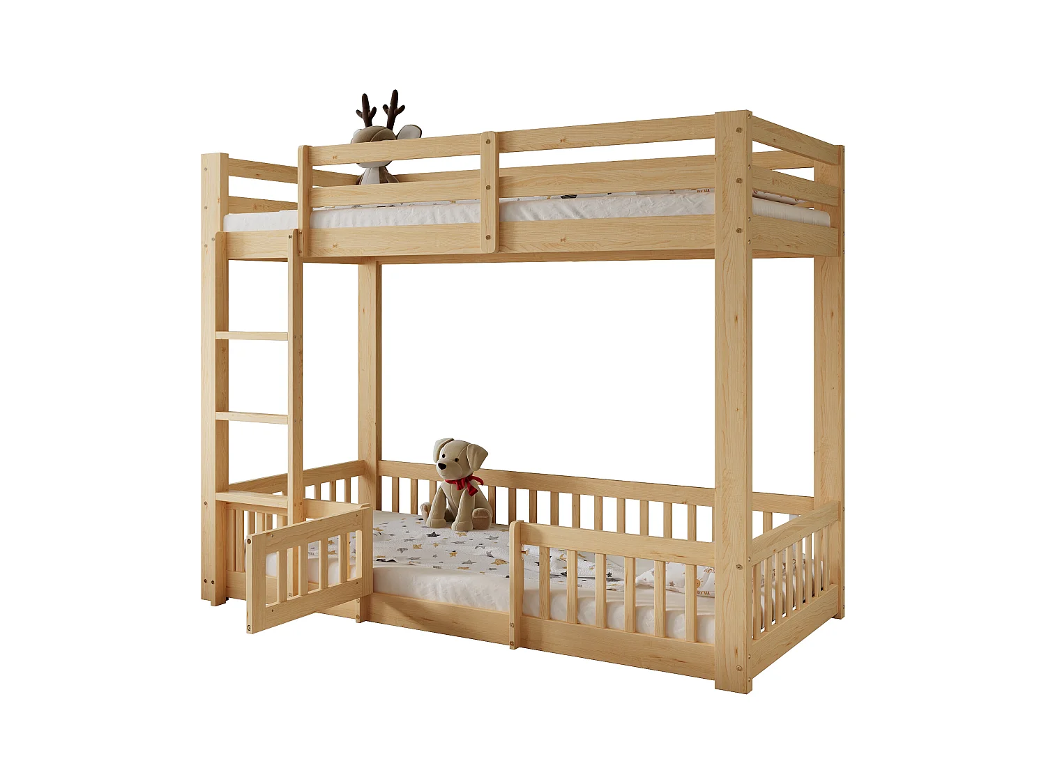 Lit superposé en bois massif - 90x200 cm - avec barrières de sécurité - Naturel