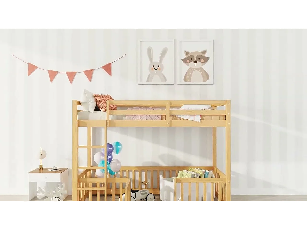 Lit superposé en bois massif - 90x200 cm - avec barrières de sécurité - Naturel