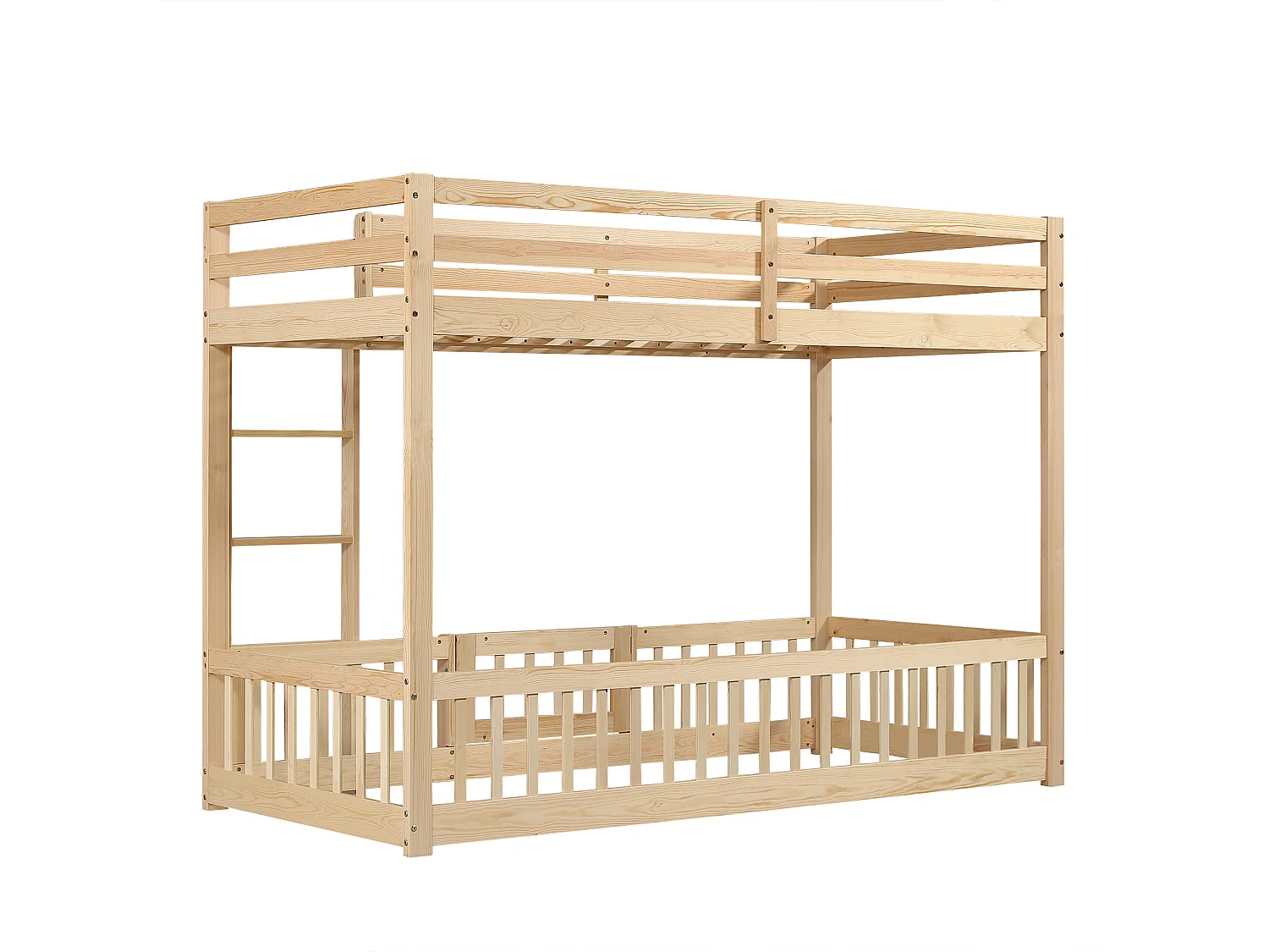Lit superposé en bois massif - 90x200 cm - avec barrières de sécurité - Naturel