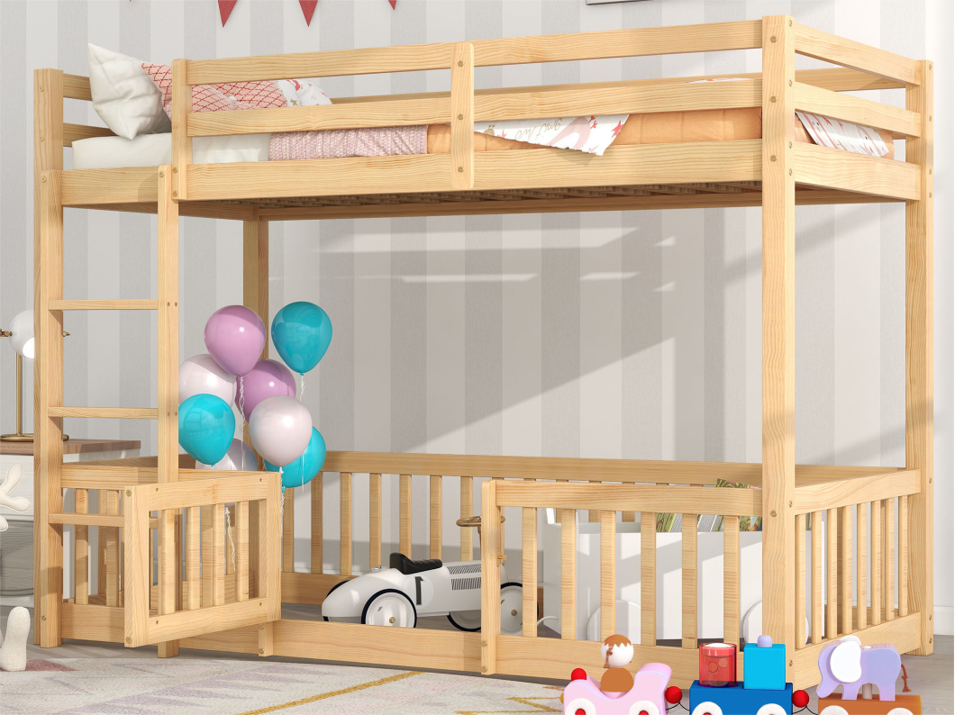Litera de madera maciza - 90x200 cm - con barandillas de seguridad - Natural