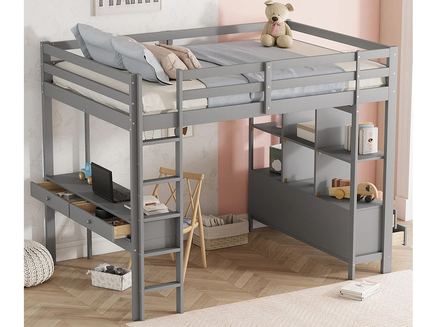 Mezzaninebed 140x200cm in massief grenen met bureau + laden + planken + lattenbodem - Grijs