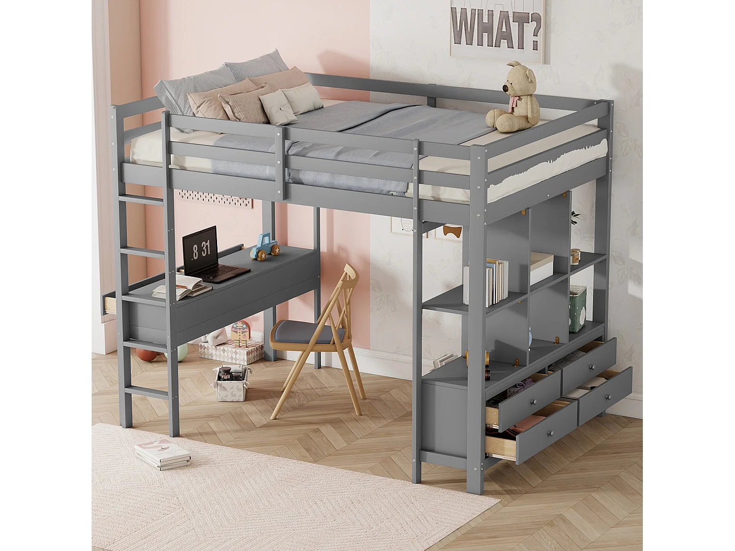 Mezzaninebed 140x200cm in massief grenen met bureau + laden + planken + lattenbodem - Grijs