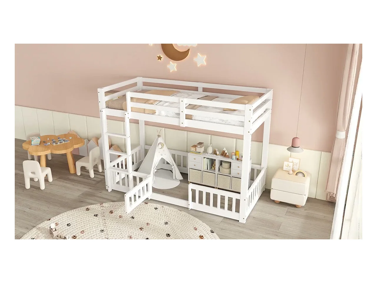 Litera de madera maciza - 90x200 cm - con barandillas de seguridad - Blanco