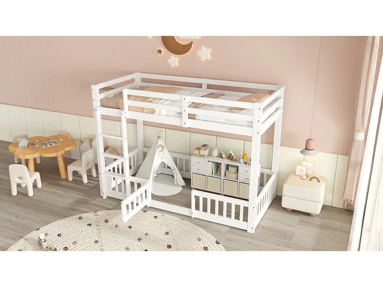 Lit superposé en bois massif - 90x200 cm - avec barrières de sécurité - Blanc