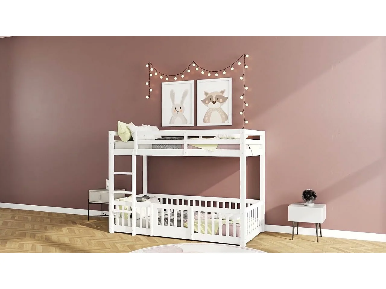 Lit superposé en bois massif - 90x200 cm - avec barrières de sécurité - Blanc