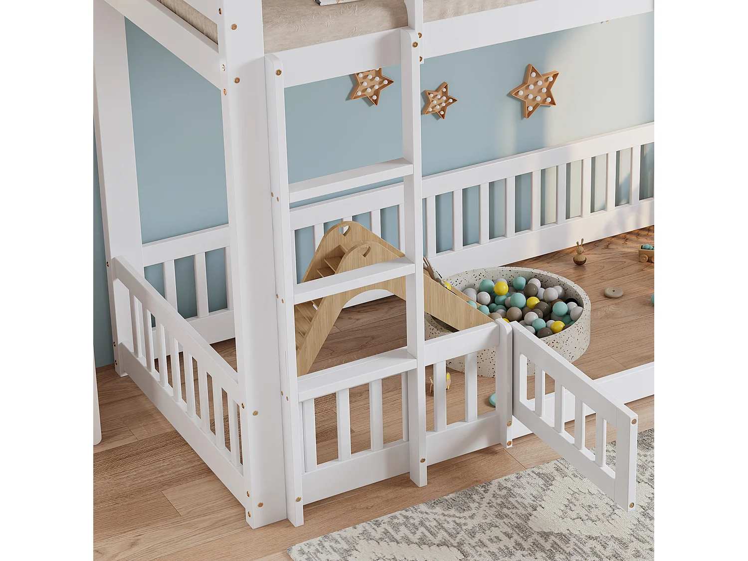 Lit superposé en bois massif - 90x200 cm - avec barrières de sécurité - Blanc