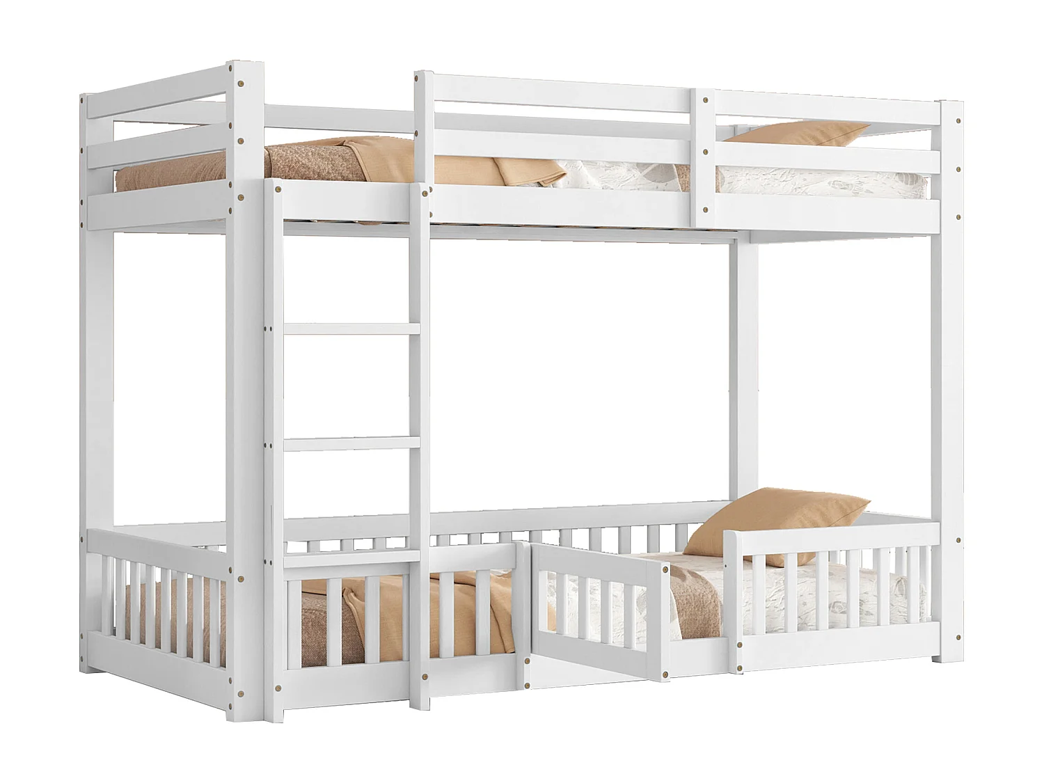 Lit superposé en bois massif - 90x200 cm - avec barrières de sécurité - Blanc