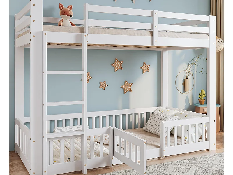Lit superposé en bois massif - 90x200 cm - avec barrières de sécurité - Blanc