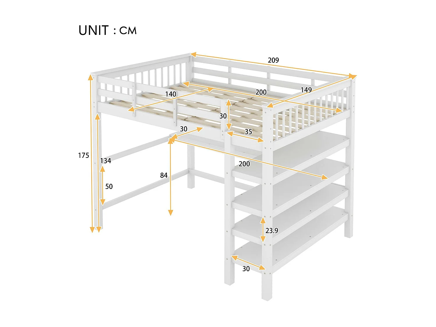 Lit mezzanine 140x200cm en bois - avec bureau et étagère de rangement - Blanc