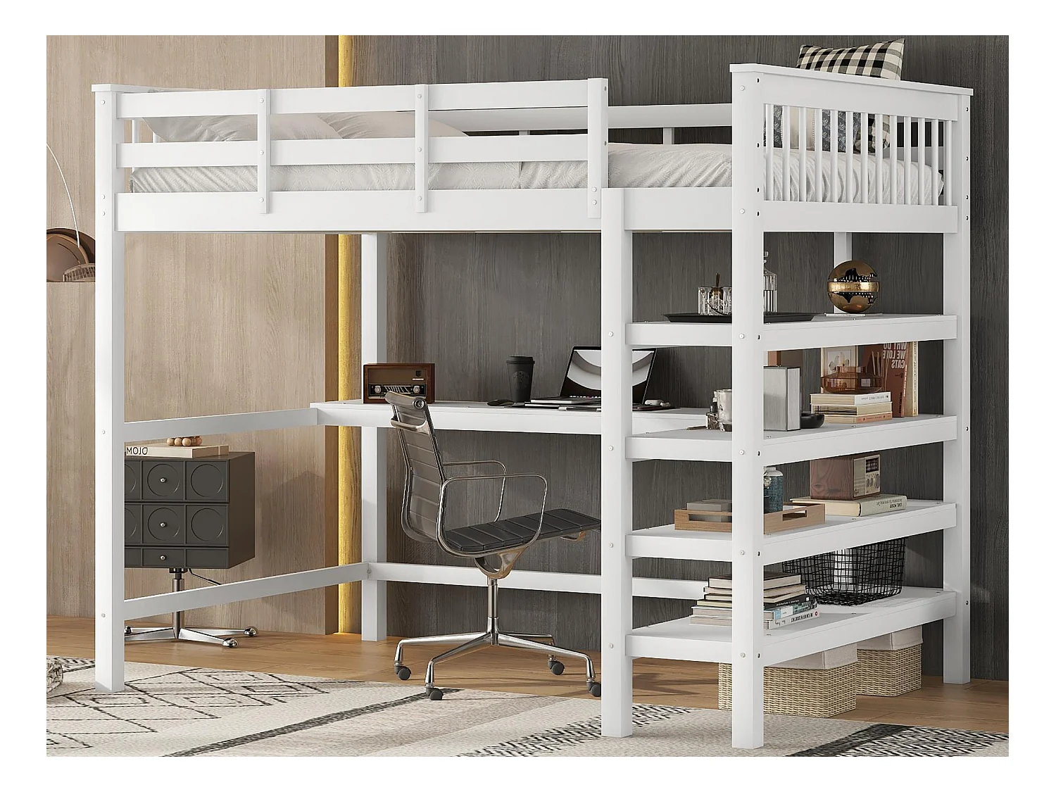 Lit mezzanine 140x200cm en bois - avec bureau et étagère de rangement - Blanc