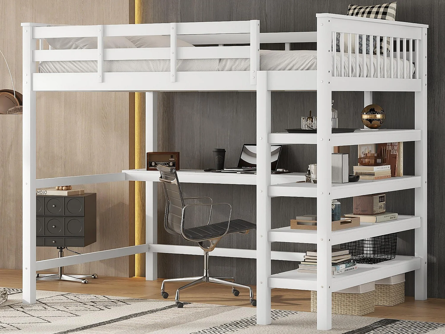 Lit mezzanine 140x200cm en bois - avec bureau et étagère de rangement - Blanc