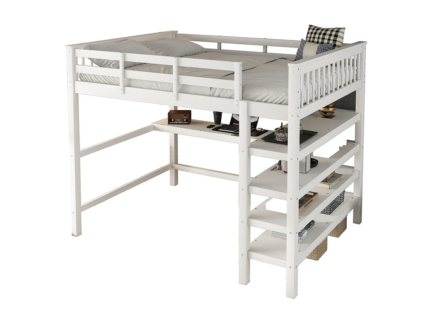 Lit mezzanine 140x200cm en bois - avec bureau et étagère de rangement - Blanc