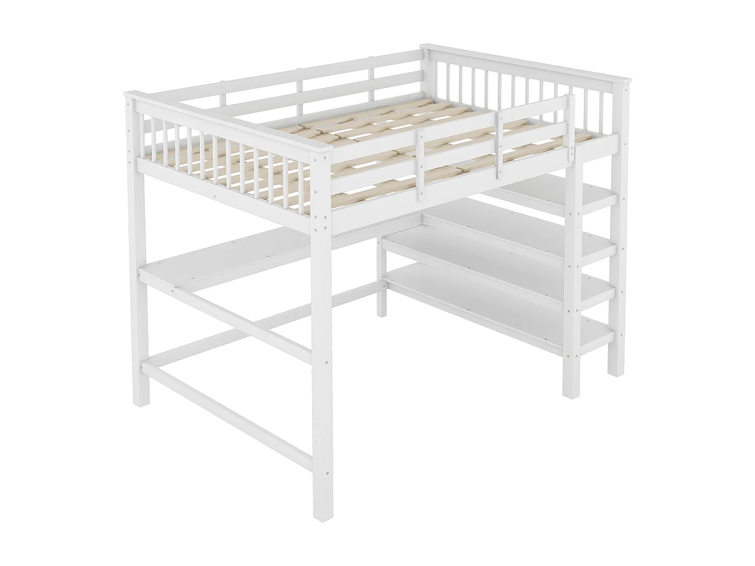 Lit mezzanine 140x200cm en bois - avec bureau et étagère de rangement - Blanc