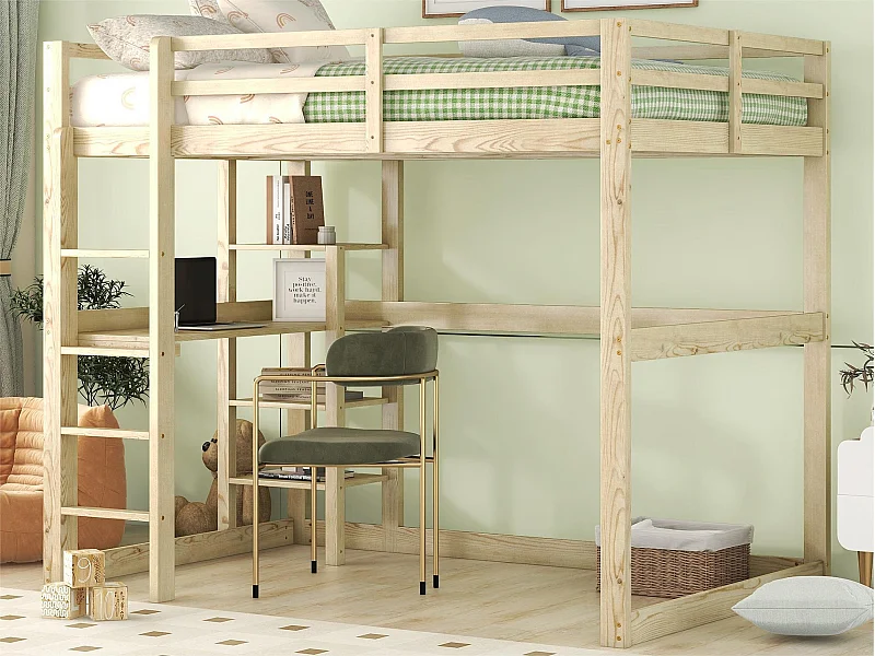 Cama altillo de pino macizo 140x200 cm con escritorio y estantes - Natural