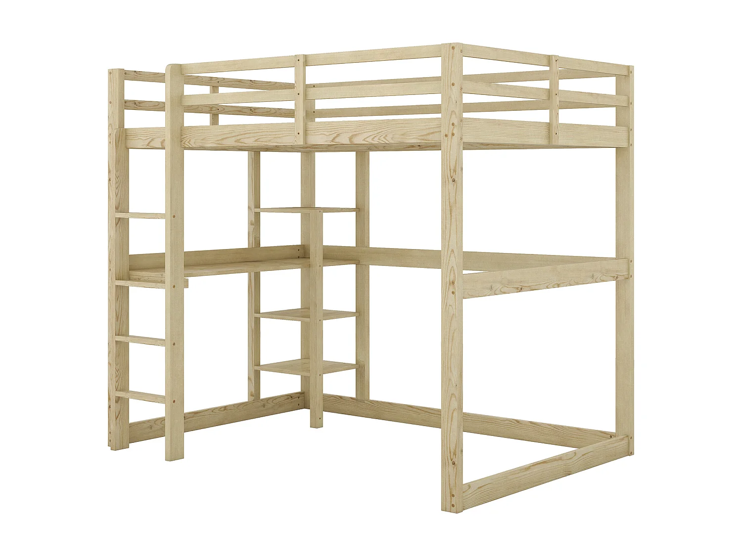 Hochbett 140x200cm aus Massivholz – mit Schreibtisch und Regalen – Natur