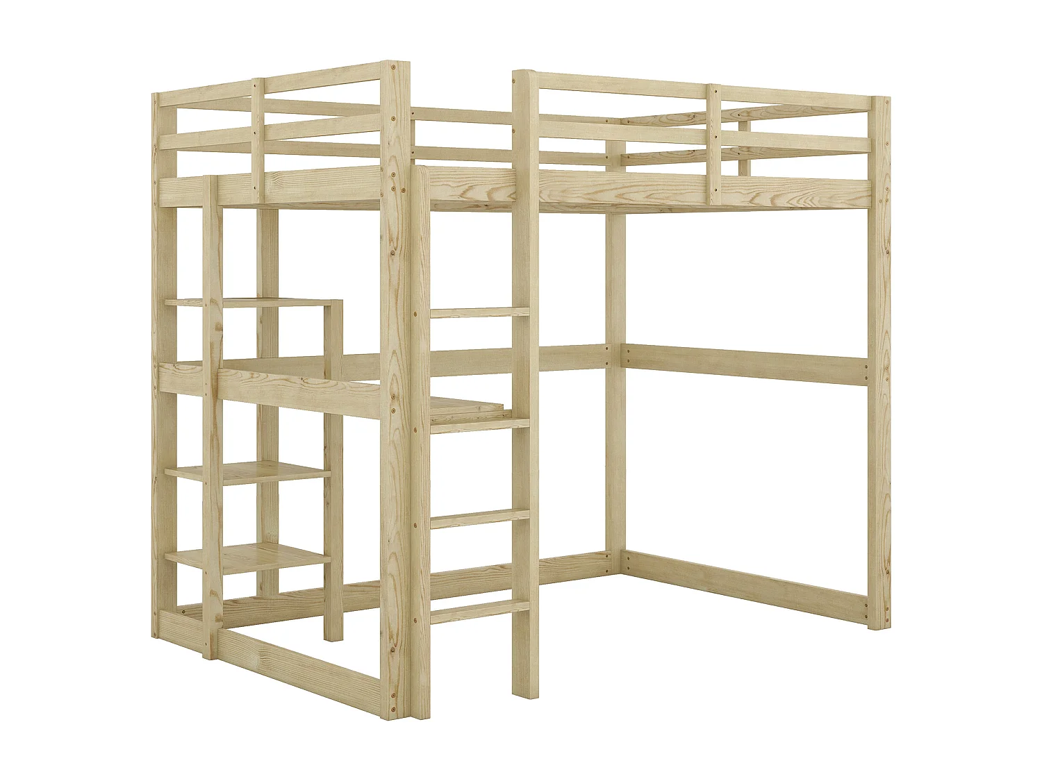 Hochbett 140x200cm aus Massivholz – mit Schreibtisch und Regalen – Natur