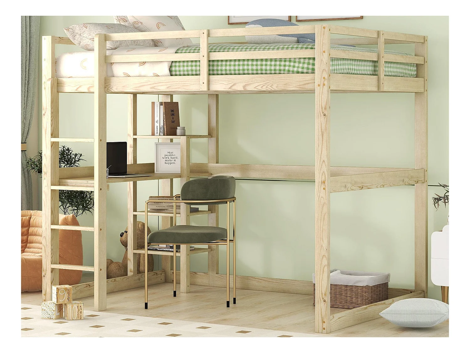 Lit mezzanine 140x200cm en bois massif - avec bureau et étagères - Naturel