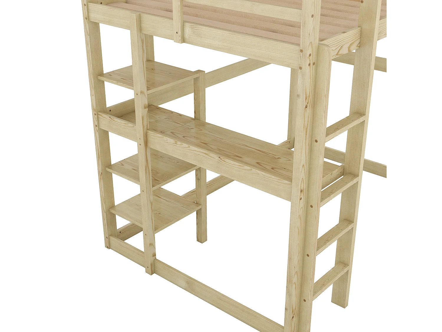 Hoogslaper 140x200cm in massief hout - met bureau en planken - Naturel