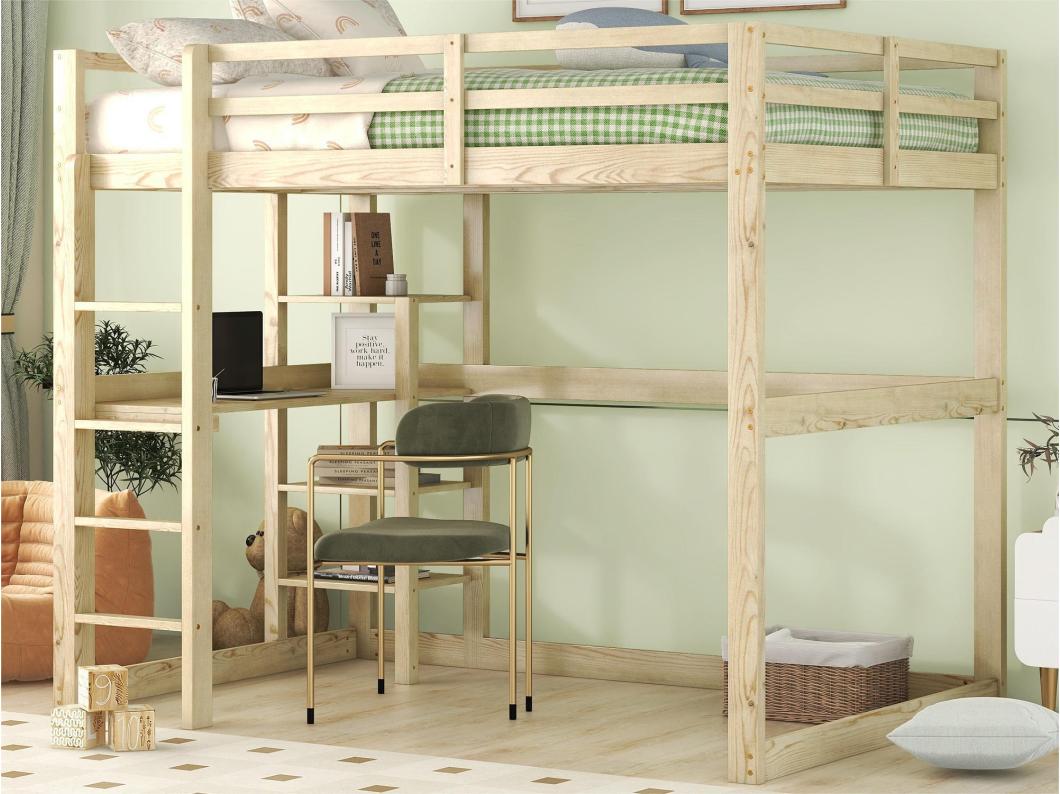 Letto a soppalco 140x200cm in legno massello - con scrivania e ripiani - Naturale