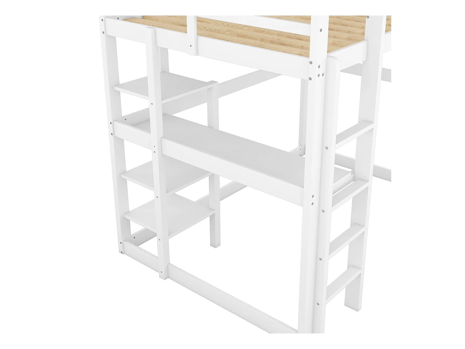 Lit mezzanine 140x200cm en bois massif - avec bureau et étagères - Blanc