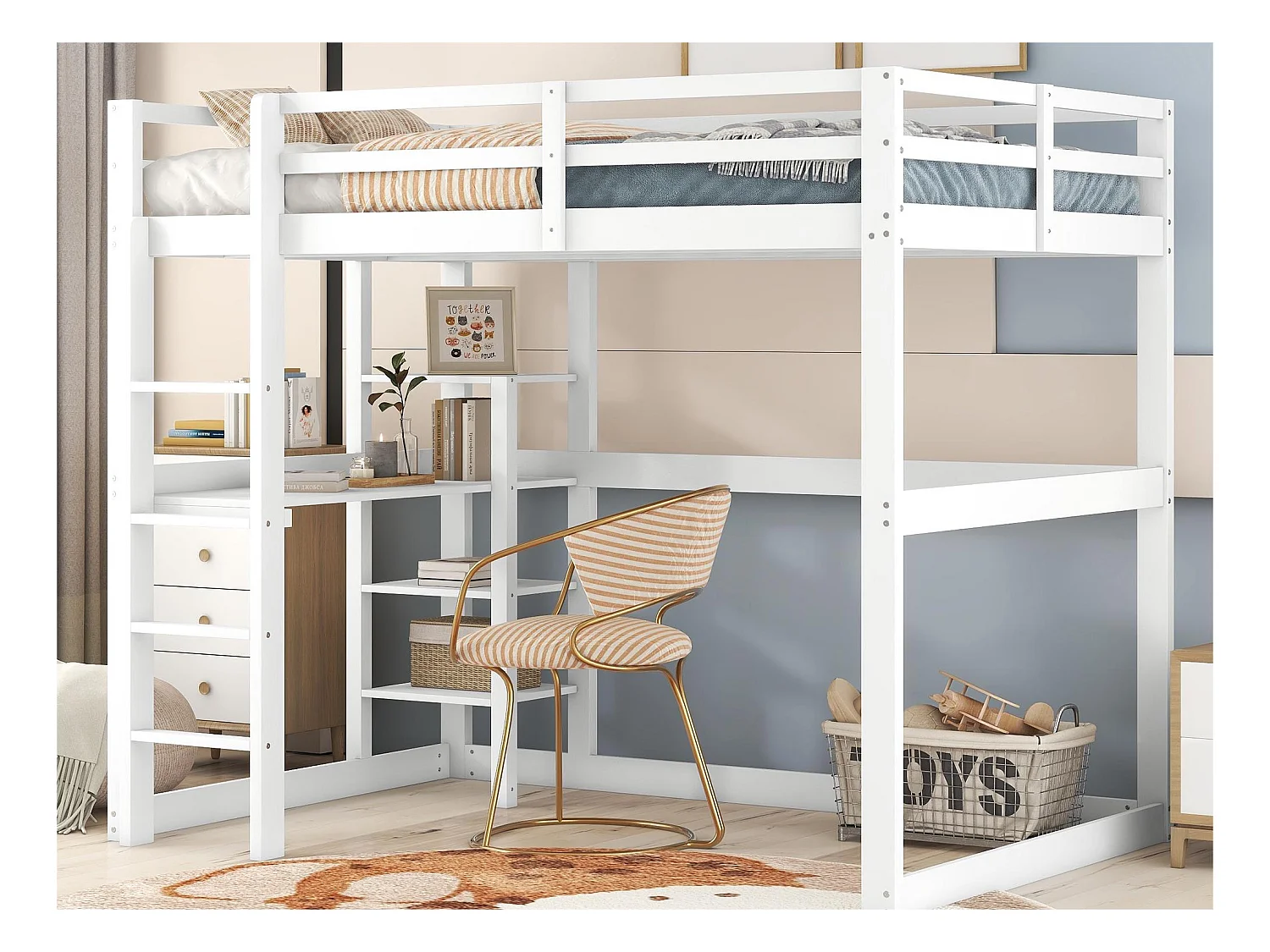 Lit mezzanine 140x200cm en bois massif - avec bureau et étagères - Blanc