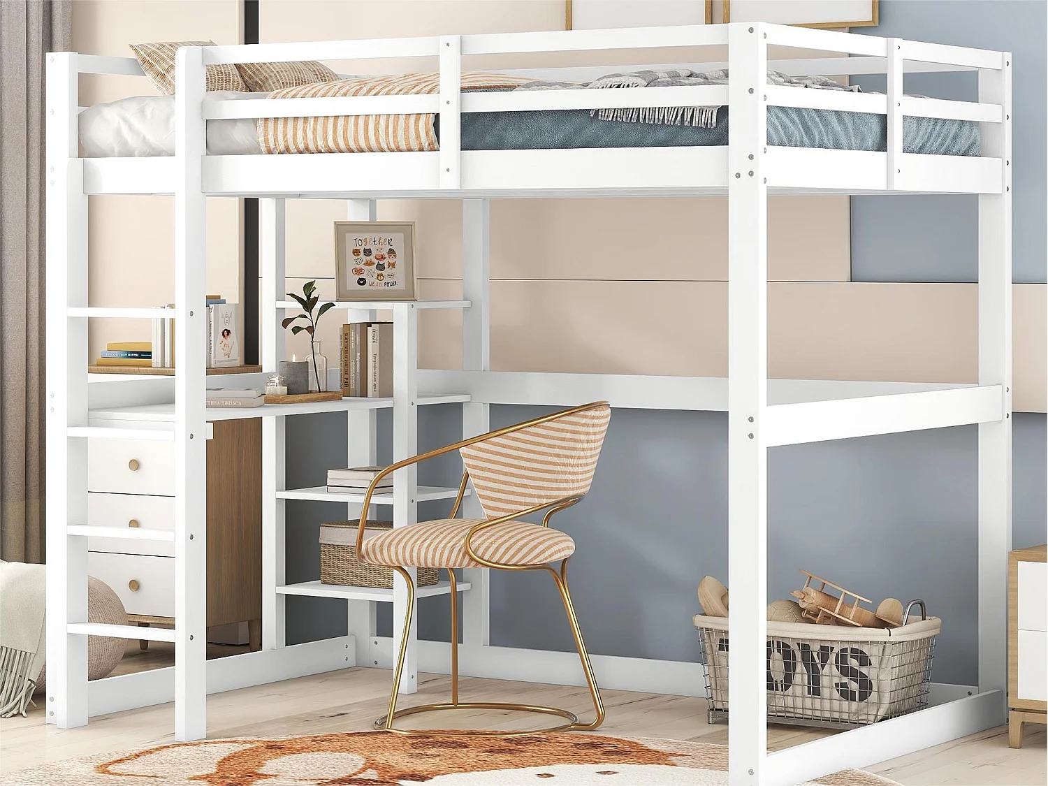 Lit mezzanine 140x200cm en bois massif - avec bureau et étagères - Blanc