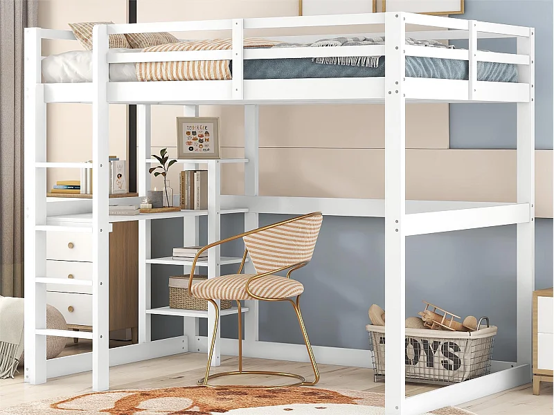 Lit mezzanine 140x200cm en bois massif - avec bureau et étagères - Blanc