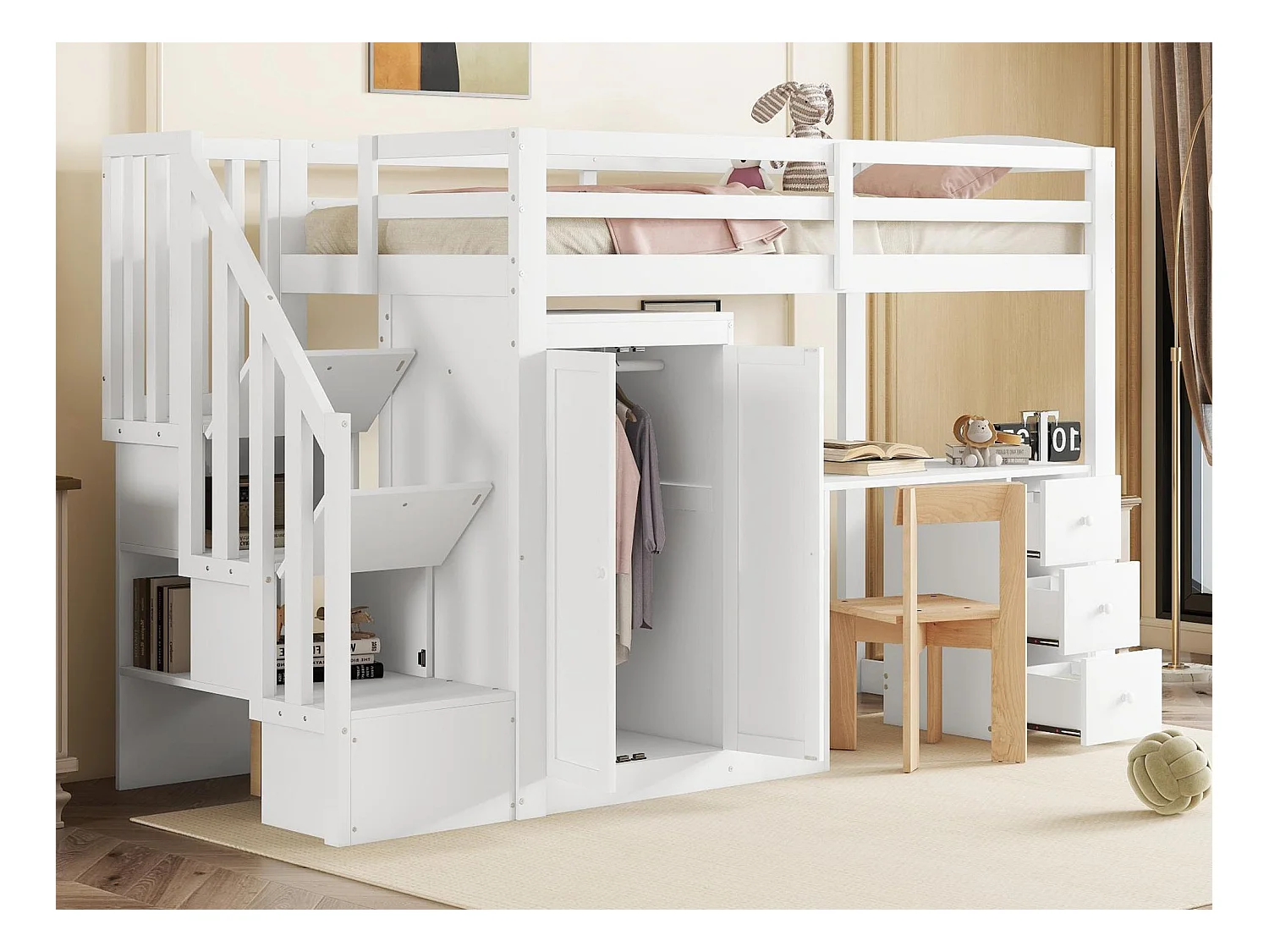 Lit mezzanine 90x200cm en bois - avec armoire、bureau et escalier de rangement - Blanc