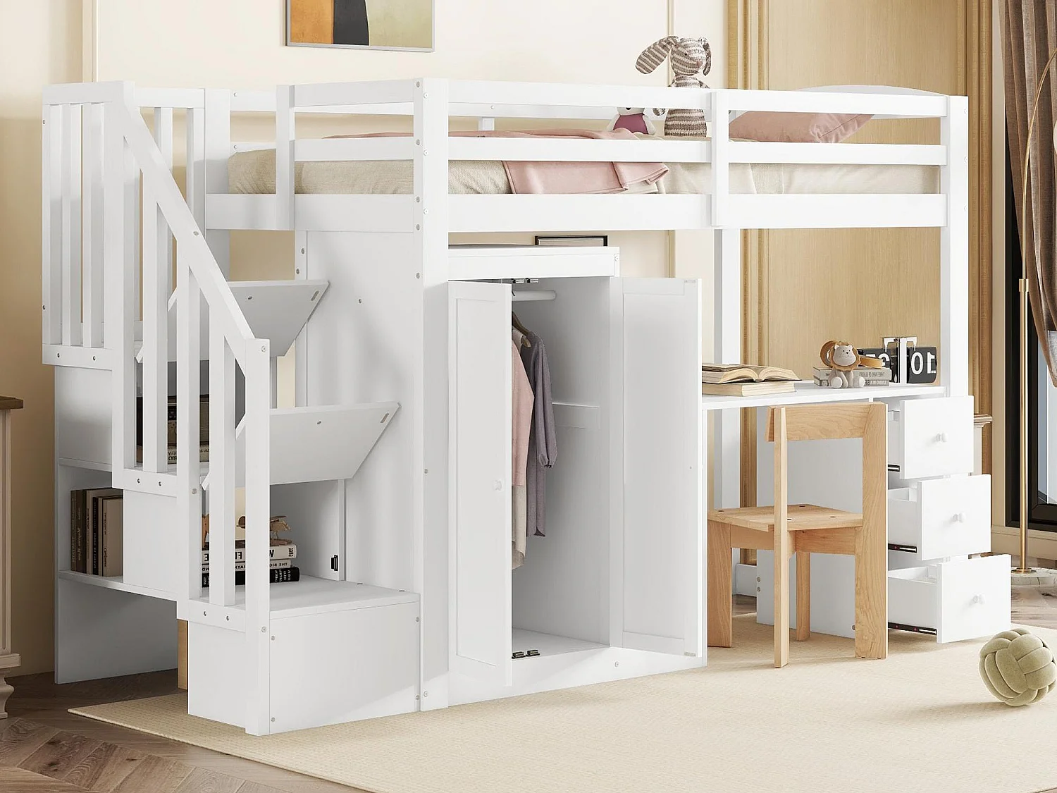 90 x 200 cm großes Hochbett aus Holz – mit Kleiderschrank, Schreibtisch und Stauraumtreppe – Weiß