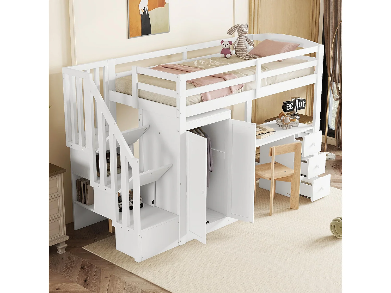 90 x 200 cm großes Hochbett aus Holz – mit Kleiderschrank, Schreibtisch und Stauraumtreppe – Weiß