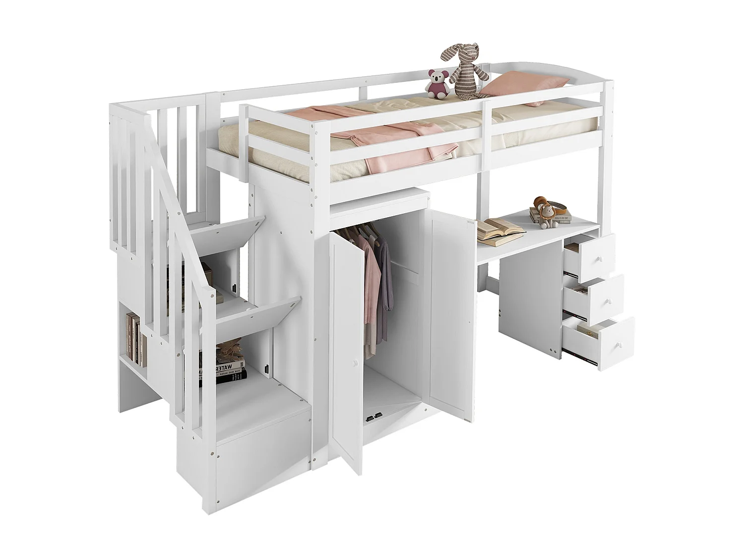 90 x 200 cm großes Hochbett aus Holz – mit Kleiderschrank, Schreibtisch und Stauraumtreppe – Weiß