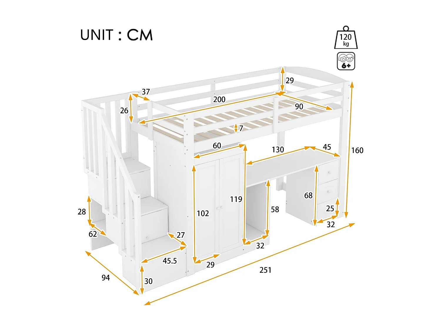 90 x 200 cm großes Hochbett aus Holz – mit Kleiderschrank, Schreibtisch und Stauraumtreppe – Weiß