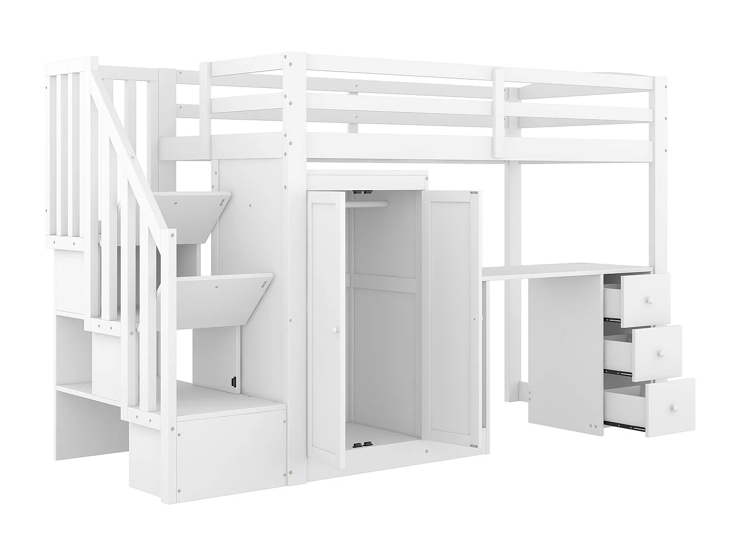 90 x 200 cm großes Hochbett aus Holz – mit Kleiderschrank, Schreibtisch und Stauraumtreppe – Weiß