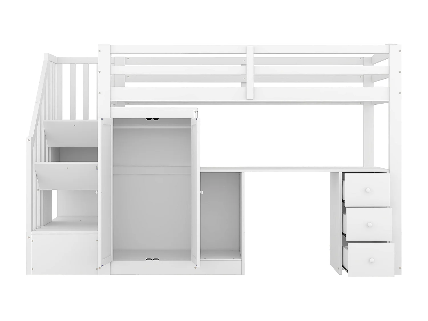 90 x 200 cm großes Hochbett aus Holz – mit Kleiderschrank, Schreibtisch und Stauraumtreppe – Weiß