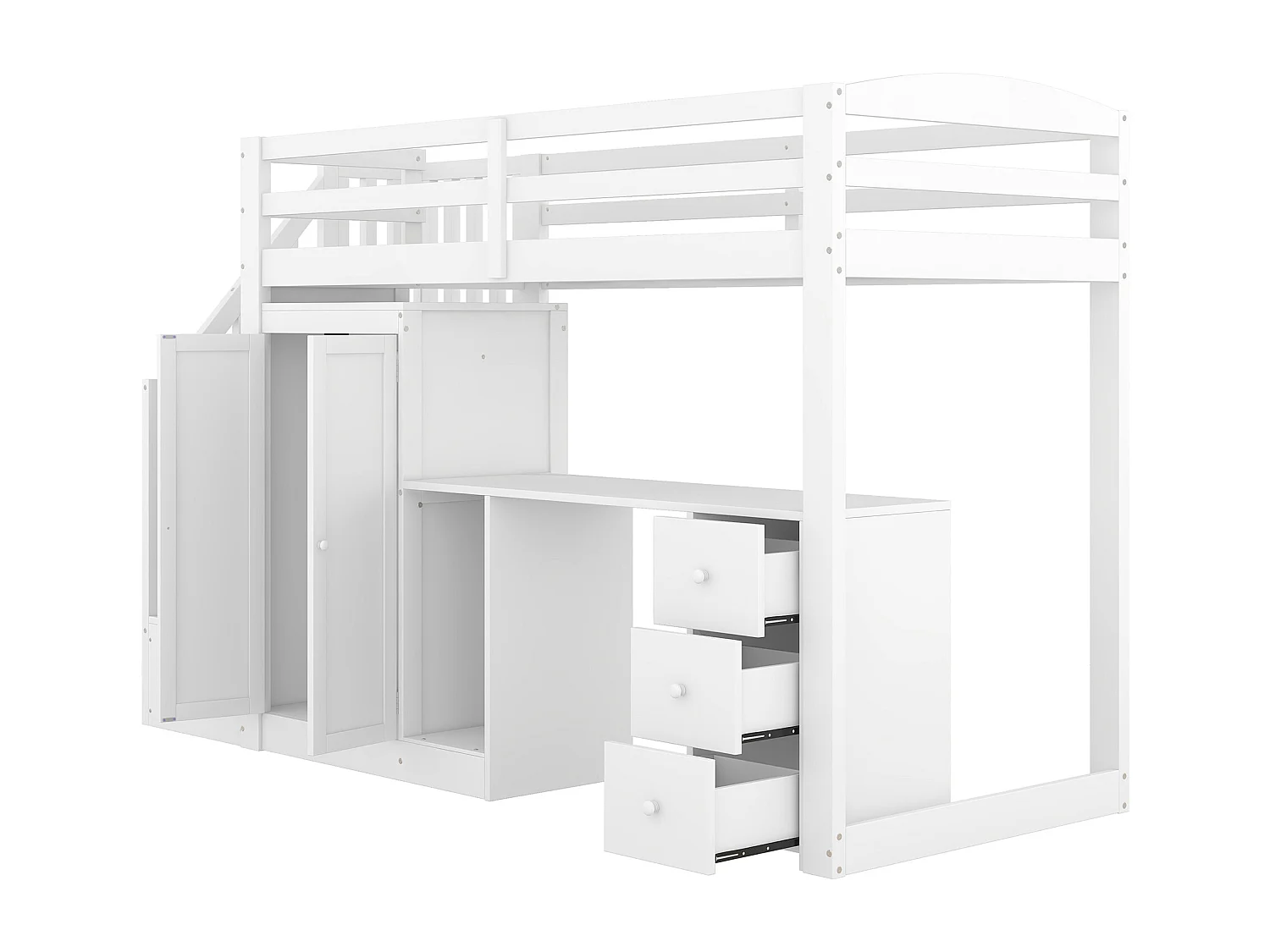 90 x 200 cm großes Hochbett aus Holz – mit Kleiderschrank, Schreibtisch und Stauraumtreppe – Weiß