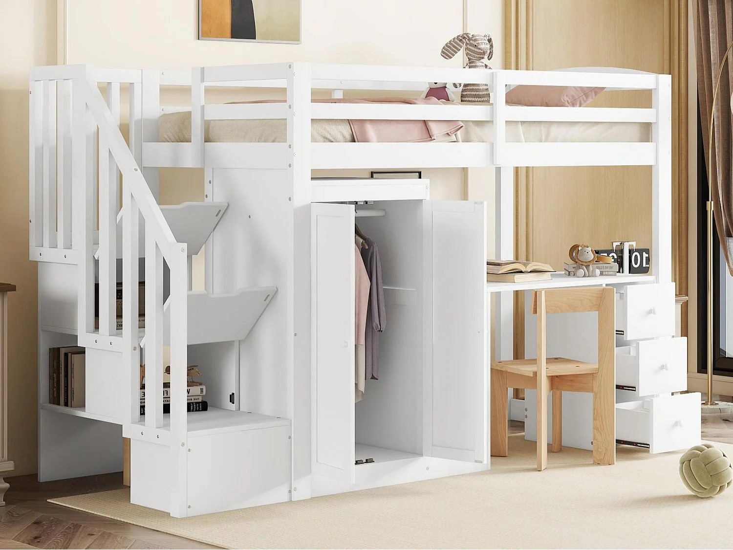 Houten mezzaninebed 90x200cm - met kledingkast, bureau en opbergtrap - Wit