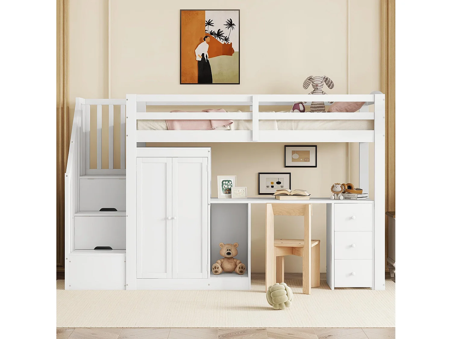 Houten mezzaninebed 90x200cm - met kledingkast, bureau en opbergtrap - Wit