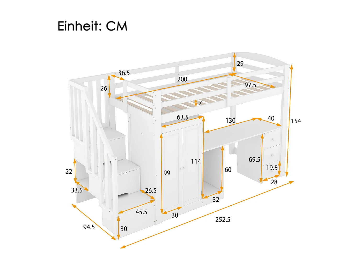 Houten mezzaninebed 90x200cm - met kledingkast, bureau en opbergtrap - Wit