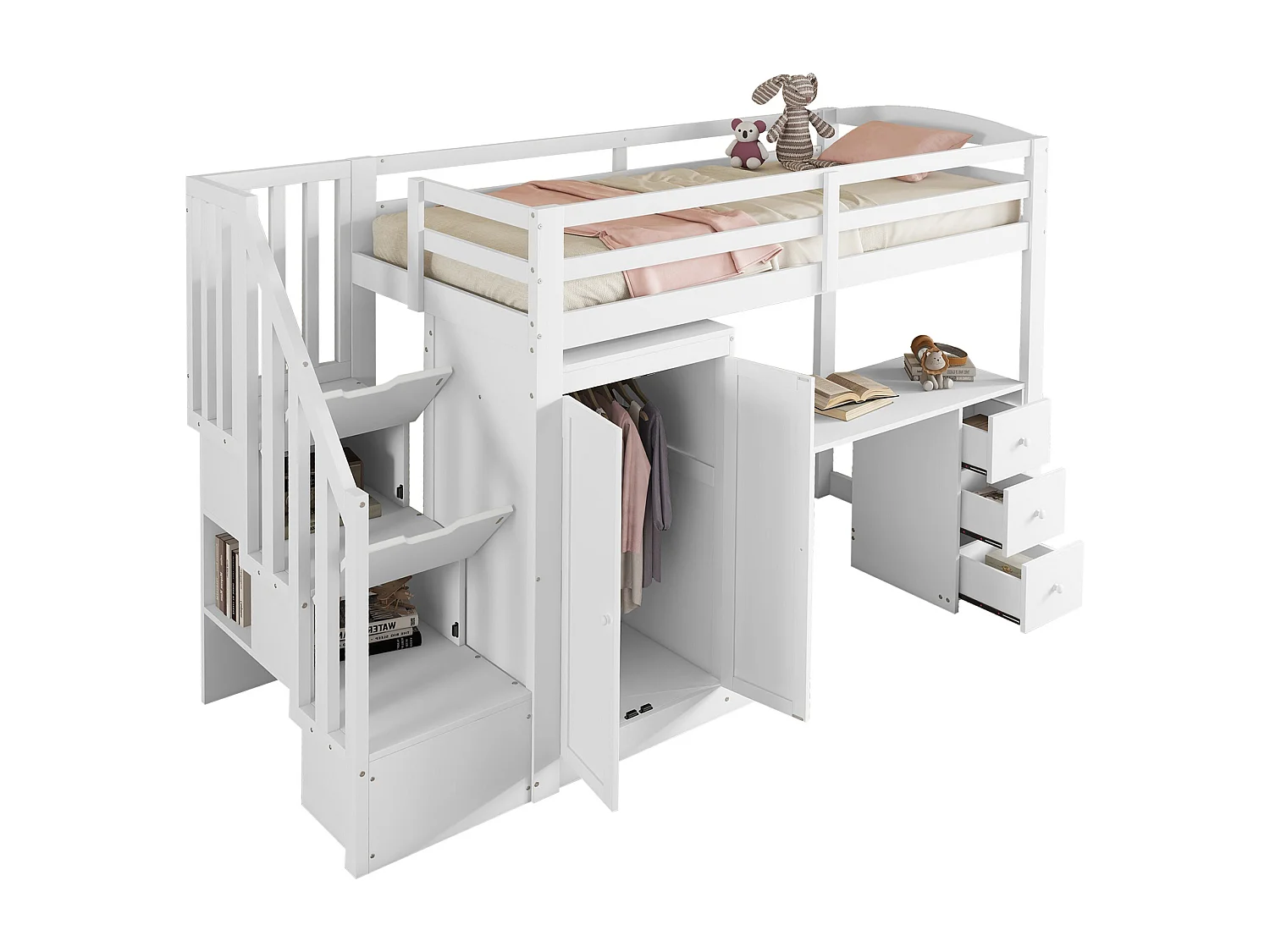 Houten mezzaninebed 90x200cm - met kledingkast, bureau en opbergtrap - Wit