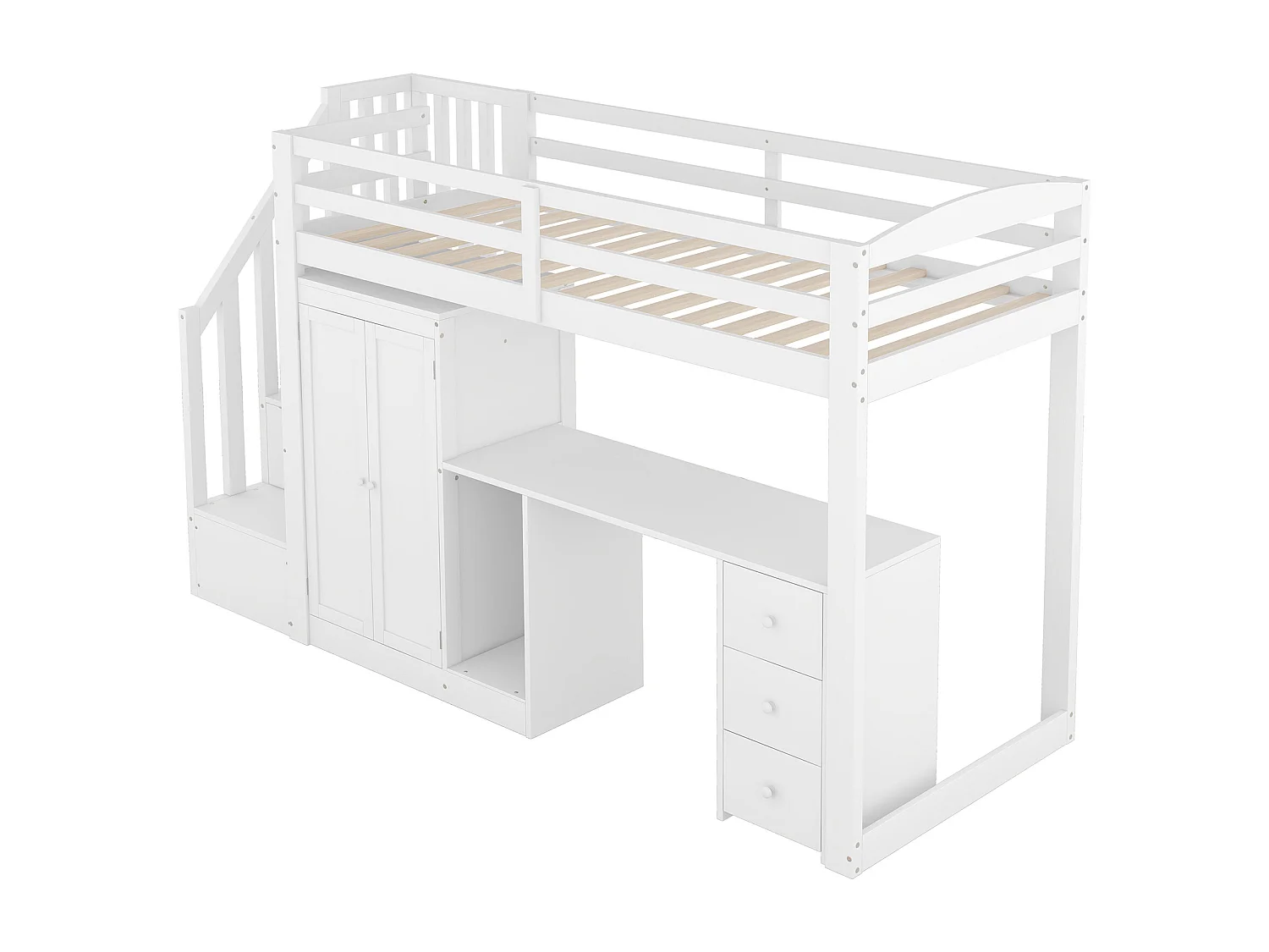 Houten mezzaninebed 90x200cm - met kledingkast, bureau en opbergtrap - Wit