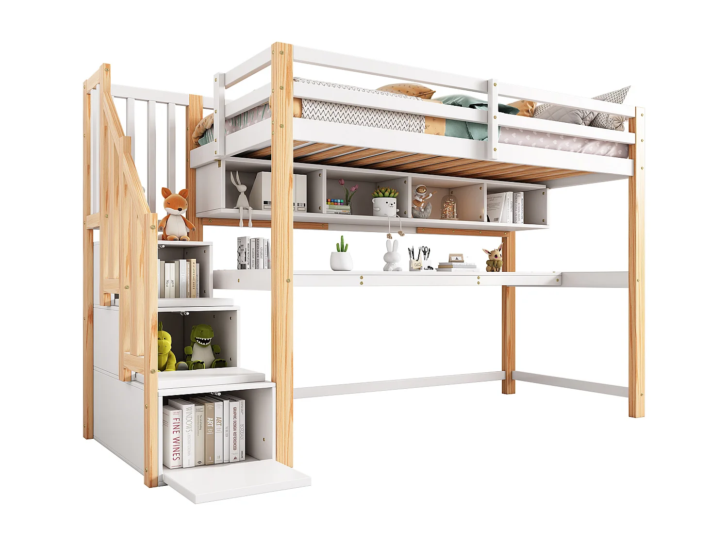 Lit mezzanine 90x200cm en bois - avec escalier de rangement + bureau + sommier à lattes - Blanc & Naturel