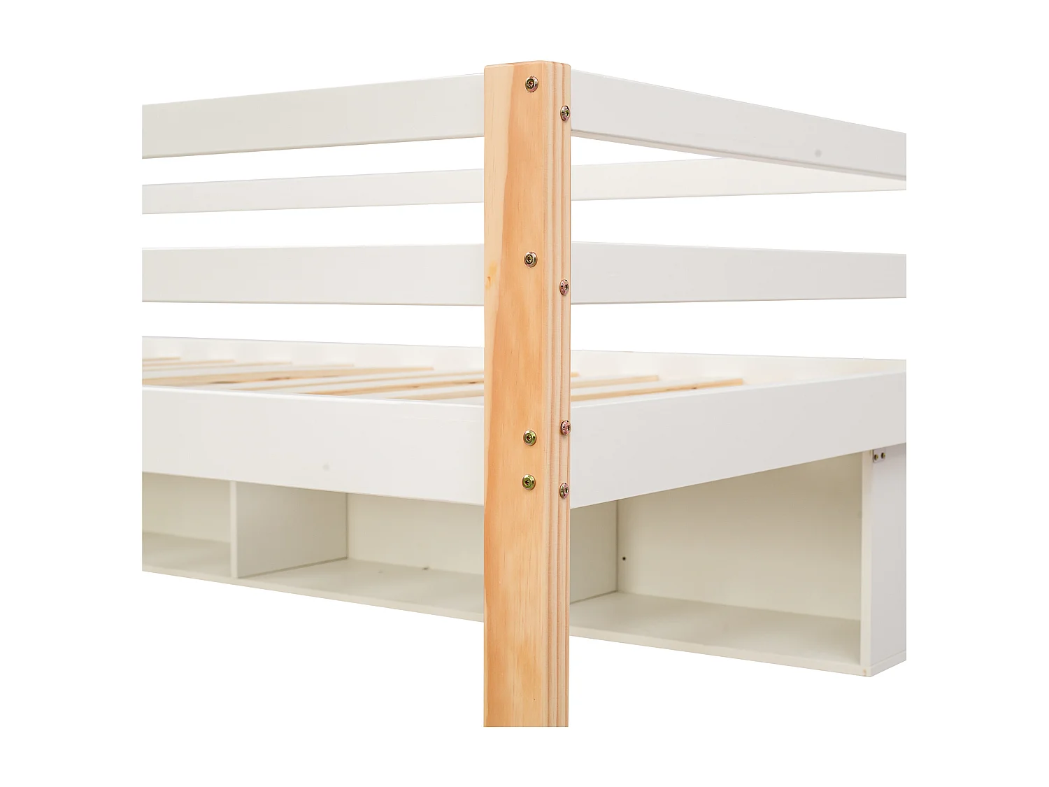 Lit mezzanine 90x200cm en bois - avec escalier de rangement + bureau + sommier à lattes - Blanc & Naturel