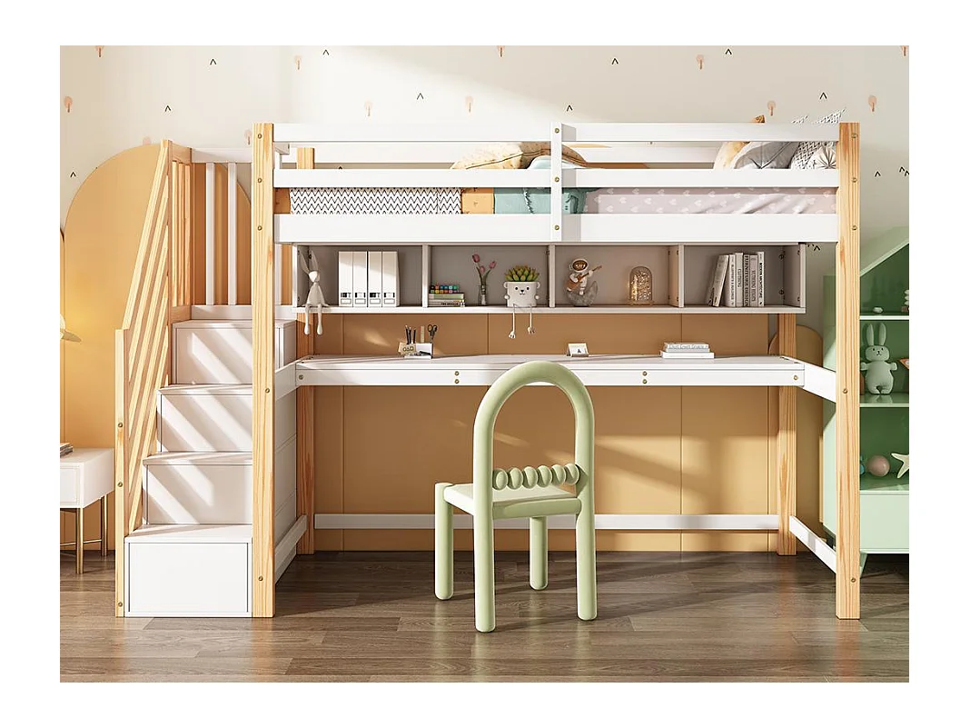 Lit mezzanine 90x200cm en bois - avec escalier de rangement + bureau + sommier à lattes - Blanc & Naturel