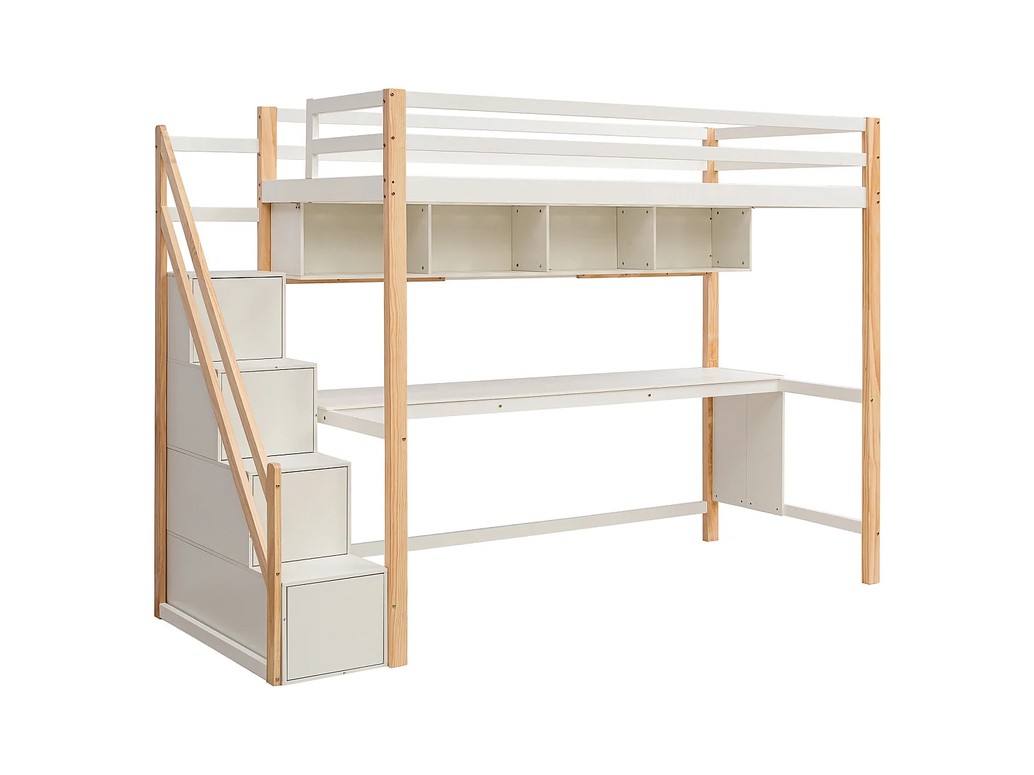 Houten tussenbed 90x200cm - met opbergtrap + bureau + lattenbodem - Wit & Naturel