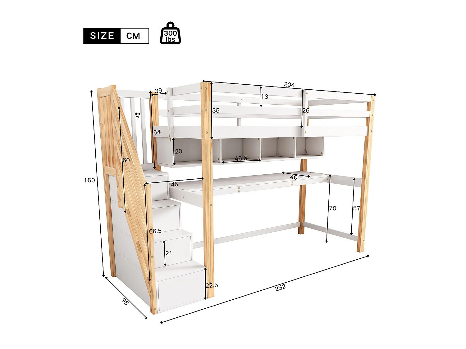 Houten tussenbed 90x200cm - met opbergtrap + bureau + lattenbodem - Wit & Naturel